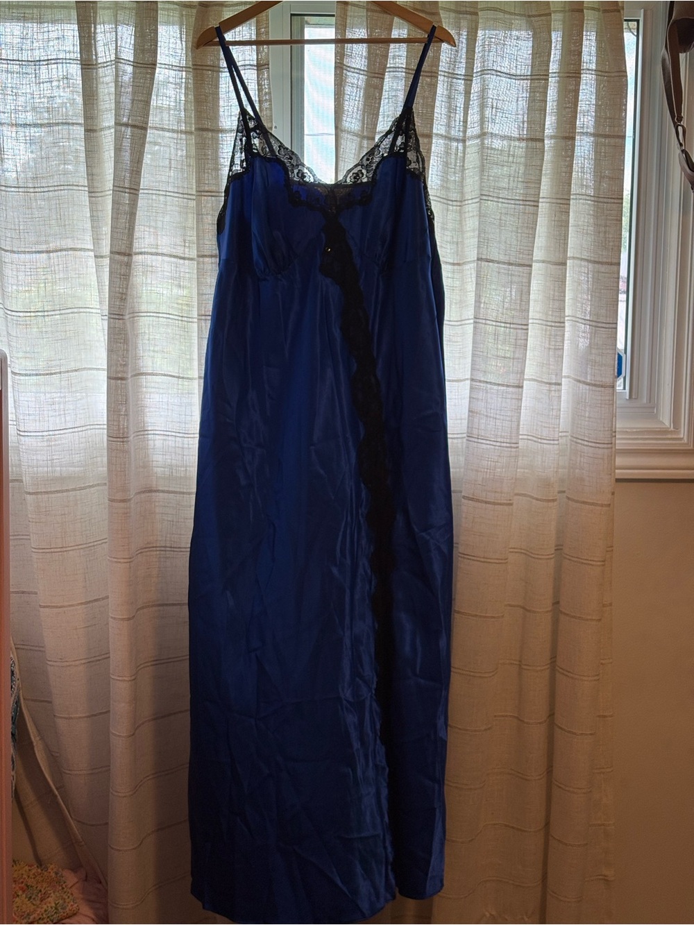 Women's Satin Lace Trim Slip Dress - Blue